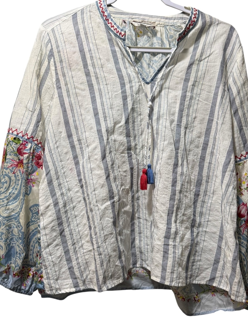 Johnny Was White and Light Blue Striped Boho Tassel Peasant Top